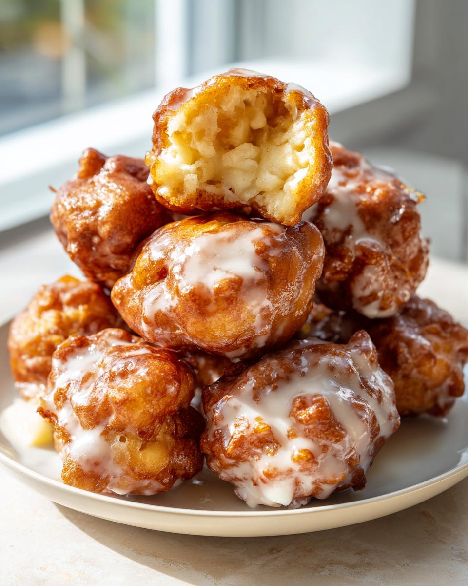 A stack of golden brown, glazed apple fritter bites, with one broken open showing tender apple pieces inside.