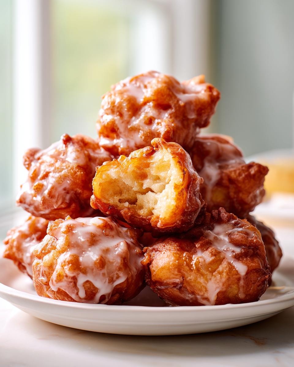 A stack of golden brown, glazed apple fritter pieces piled on a white plate, with one fritter broken open showing the tender interior.