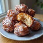 A stack of golden brown, glazed apple fritter pieces piled on a plate, with one apple fritter broken open showing the tender interior.