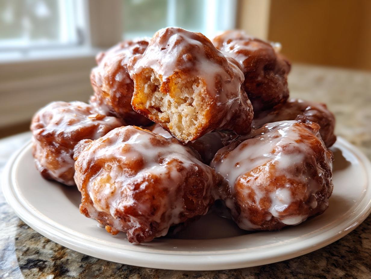 A close-up of several golden brown, glazed apple fritter mounds piled on a white plate, one is broken open.