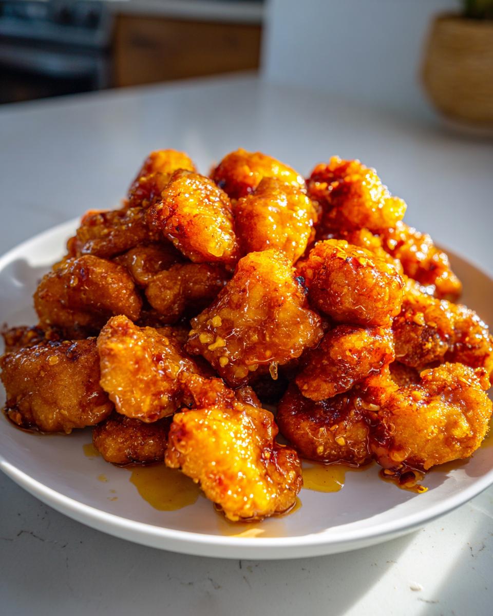 A close-up of a generous pile of crispy, glazed Bang Bang Chicken pieces glistening with sauce on a white plate.