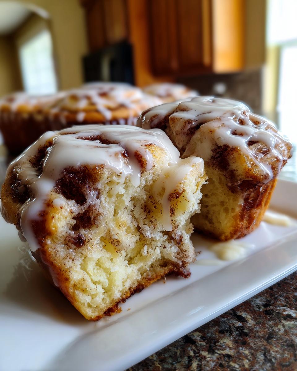 Two delicious cinnamon roll muffins drizzled with white icing, one muffin is broken open showing the soft interior.