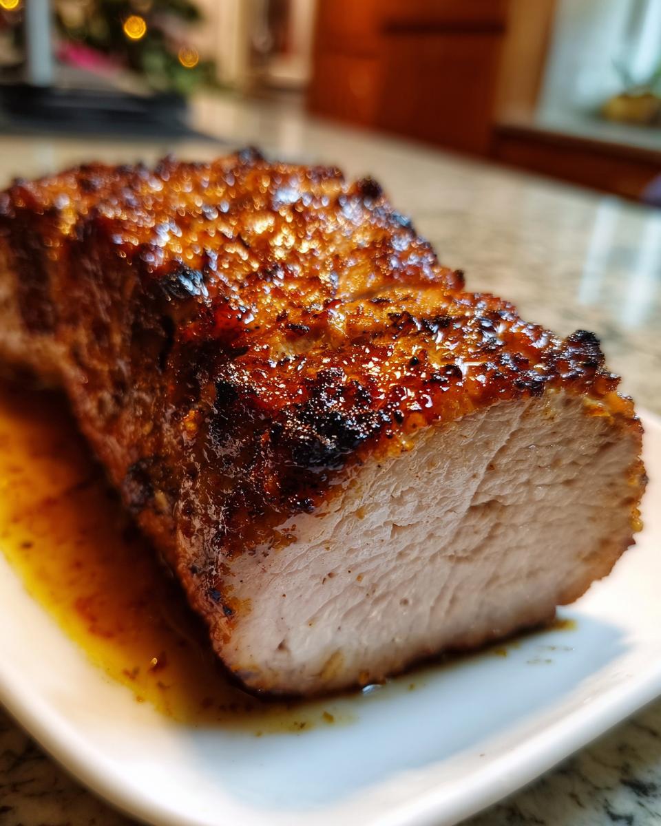 Close-up of a perfectly cooked, glazed pork tenderloin recipe slice showing juicy interior and caramelized crust.