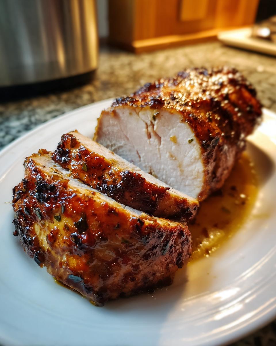 A juicy, glazed pork tenderloin recipe, sliced to show the white interior and rich, caramelized exterior.