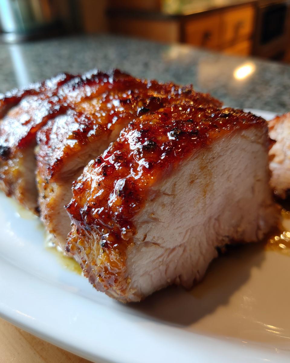 Close-up of thick slices of juicy pork tenderloin recipe with a dark, caramelized, glossy glaze.