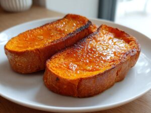 Close-up of two golden-brown slices of sweet potato toast, glistening with a sweet glaze, served on a white plate.
