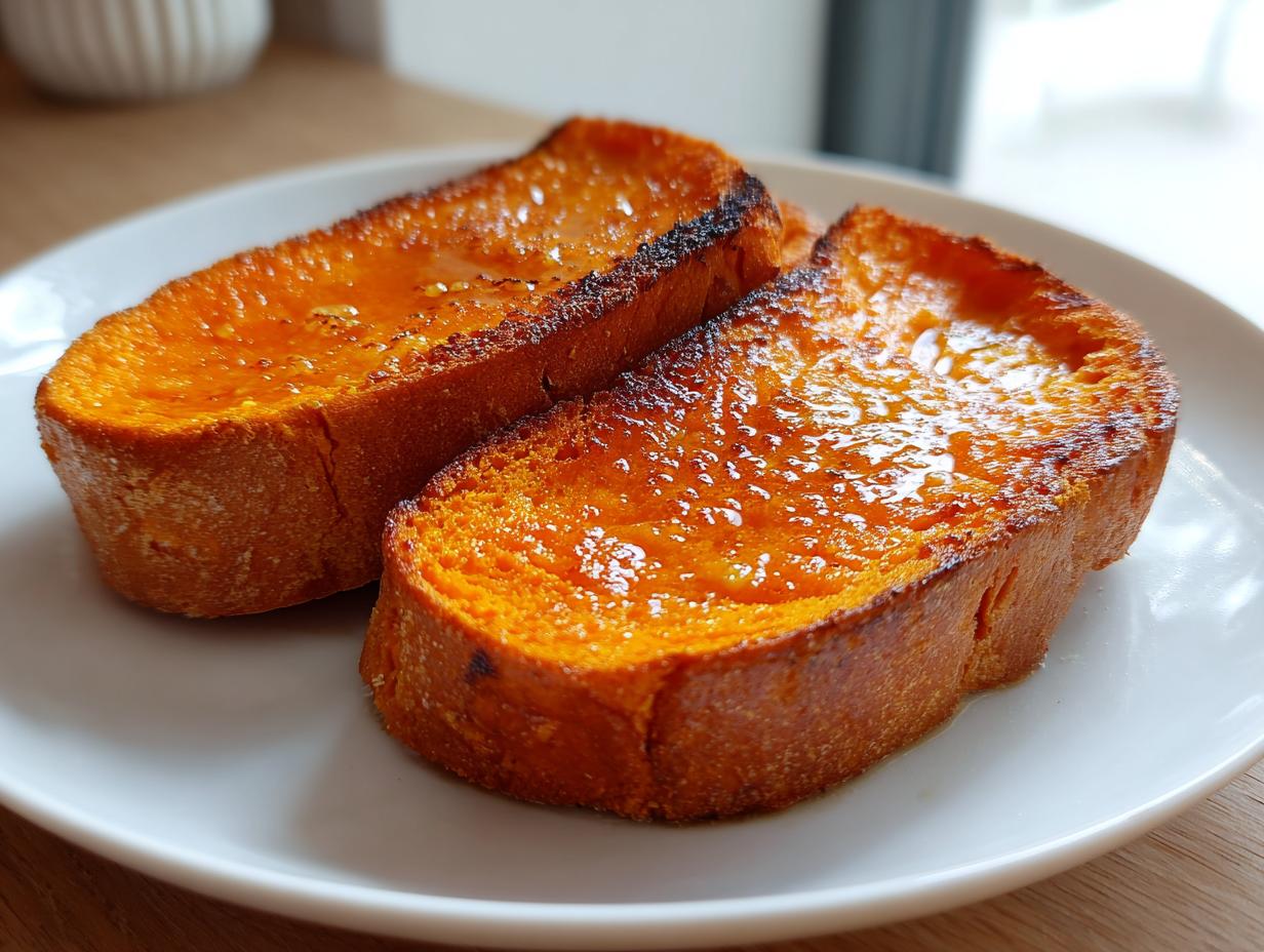 Close-up of two golden-brown slices of sweet potato toast, glistening with a sweet glaze, served on a white plate.