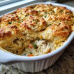 A scoop taken out of a baked chicken cobbler showing shredded chicken, carrots, and peas under golden biscuits.