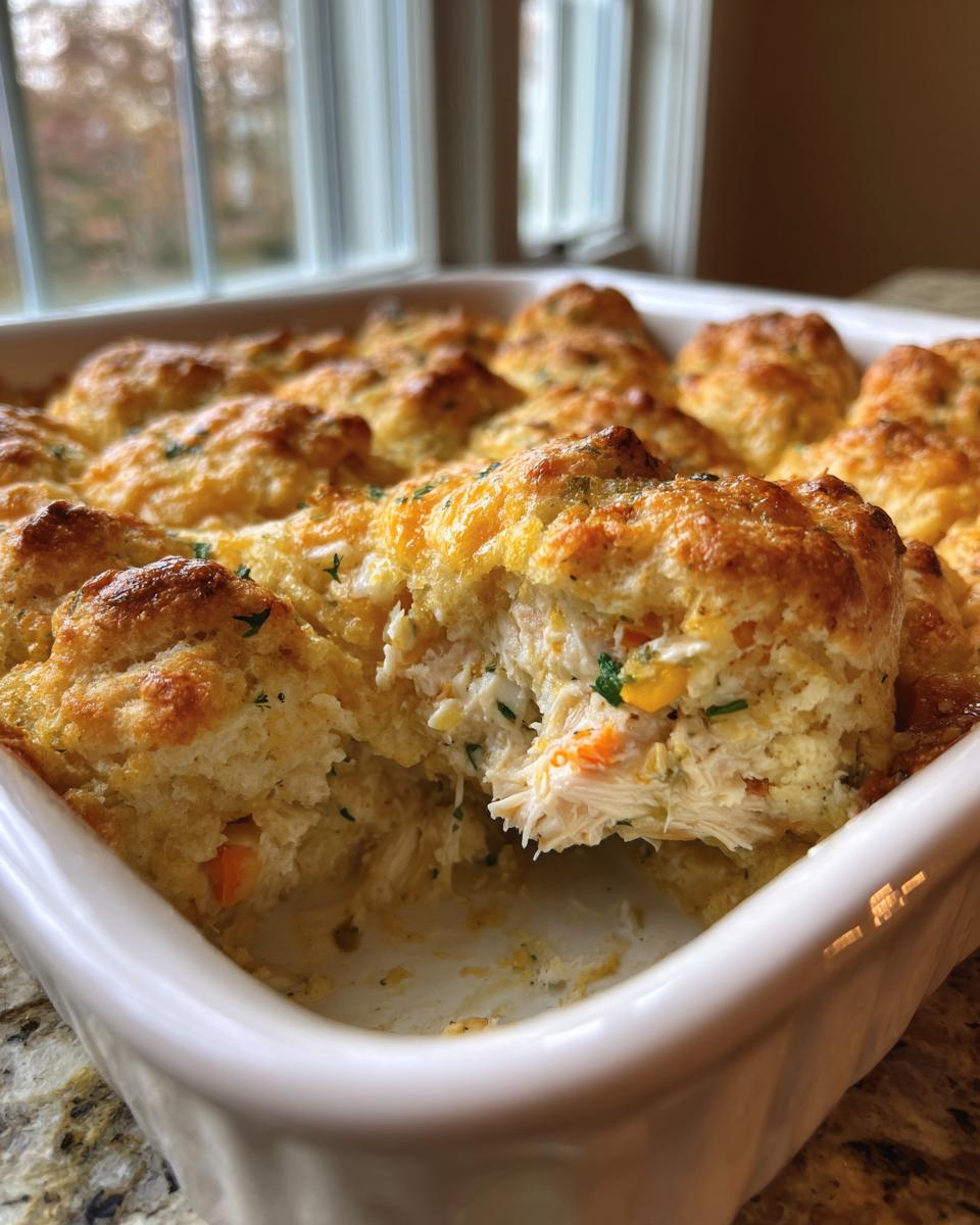 A scoop is taken from a baked chicken cobbler, revealing shredded chicken and vegetables under a golden biscuit topping.