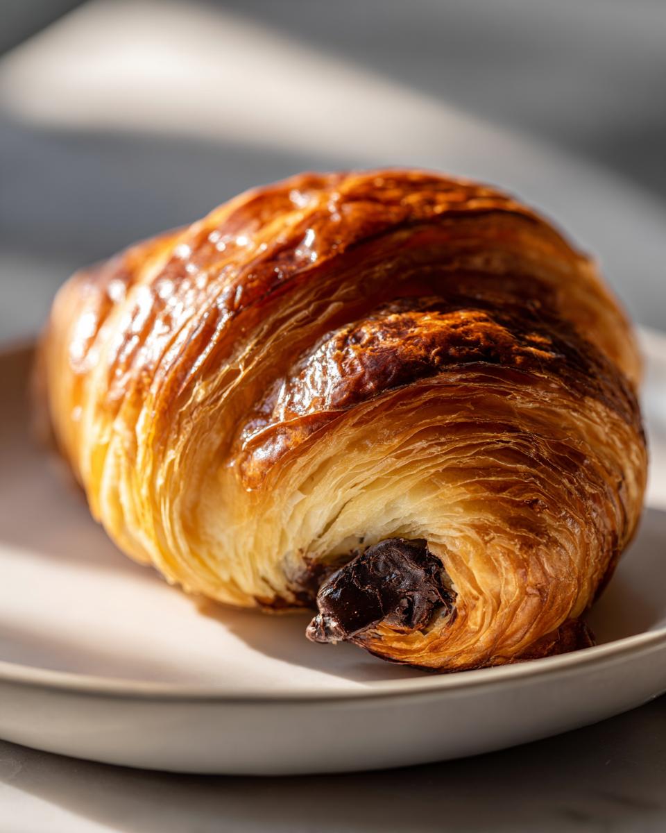 Close-up of a perfectly baked, flaky chocolate croissant resting on a light plate, showing melted chocolate peeking out.