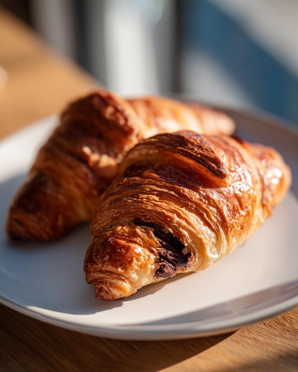 Two golden brown, flaky chocolate croissants resting on a white plate, showing melted chocolate filling.