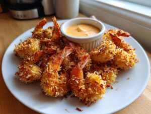 A plate piled high with crispy, golden brown coconut shrimp recipe pieces served with a small bowl of dipping sauce.