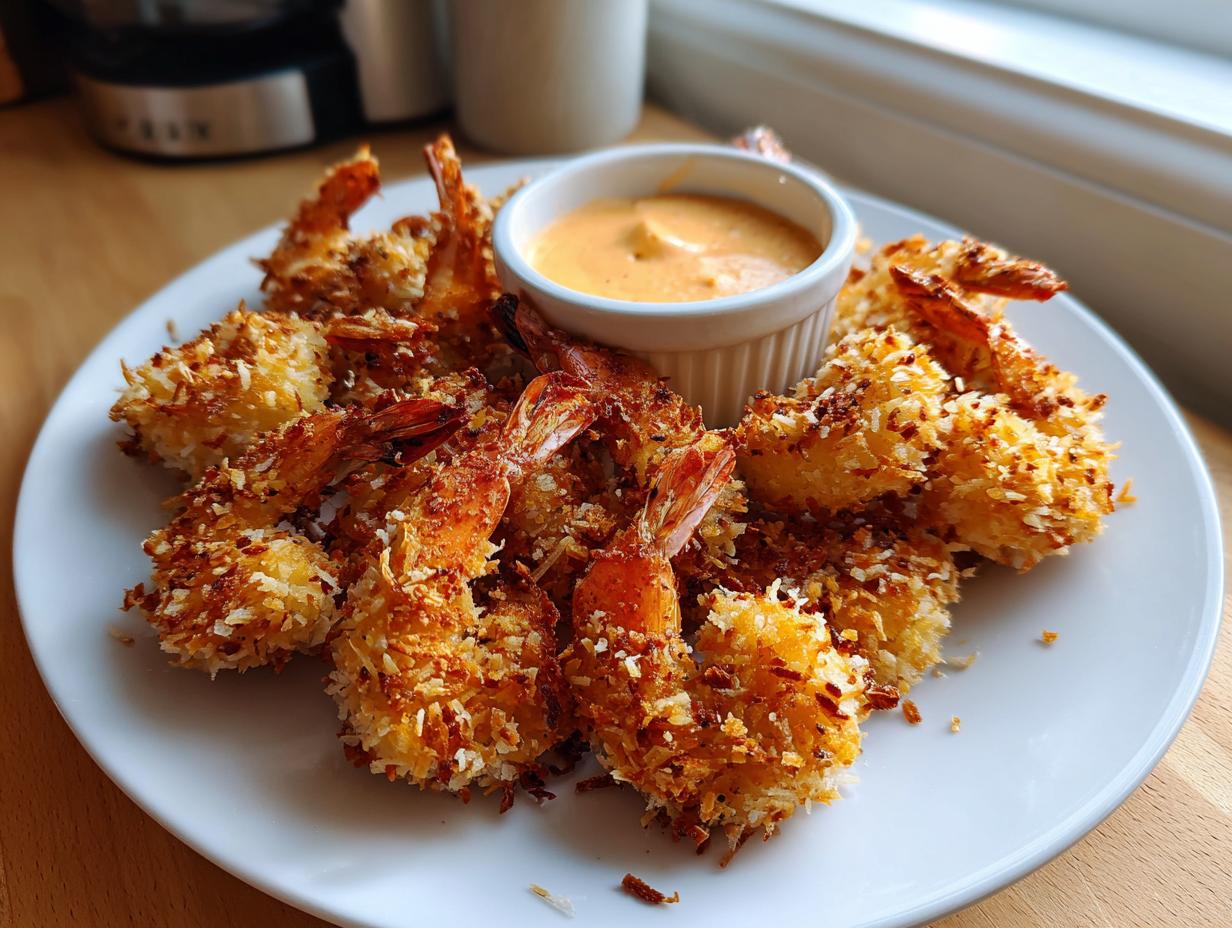 A plate piled high with crispy, golden brown coconut shrimp recipe pieces served with a small bowl of dipping sauce.