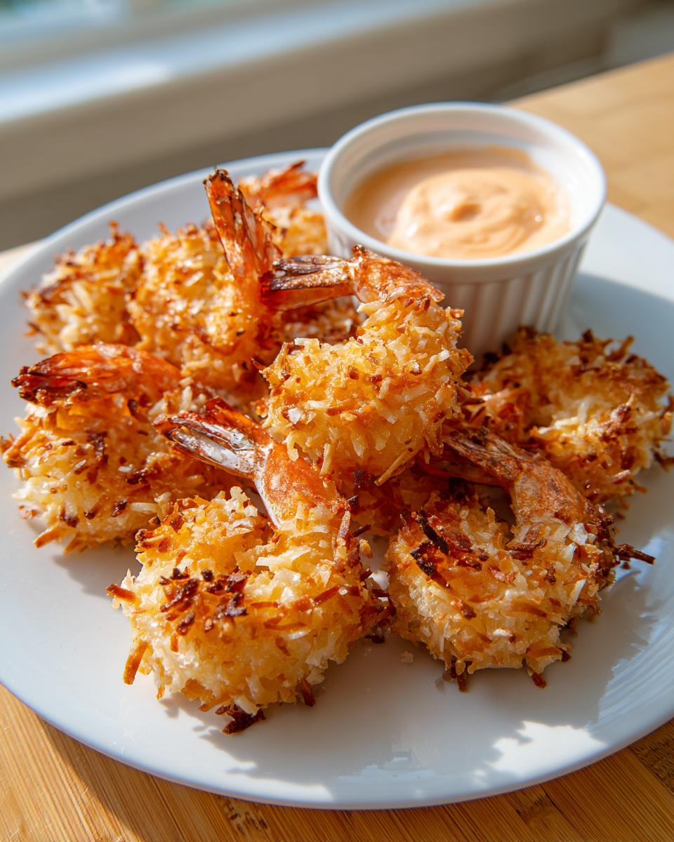 A plate of perfectly golden brown coconut shrimp recipe pieces served with a small ramekin of dipping sauce.