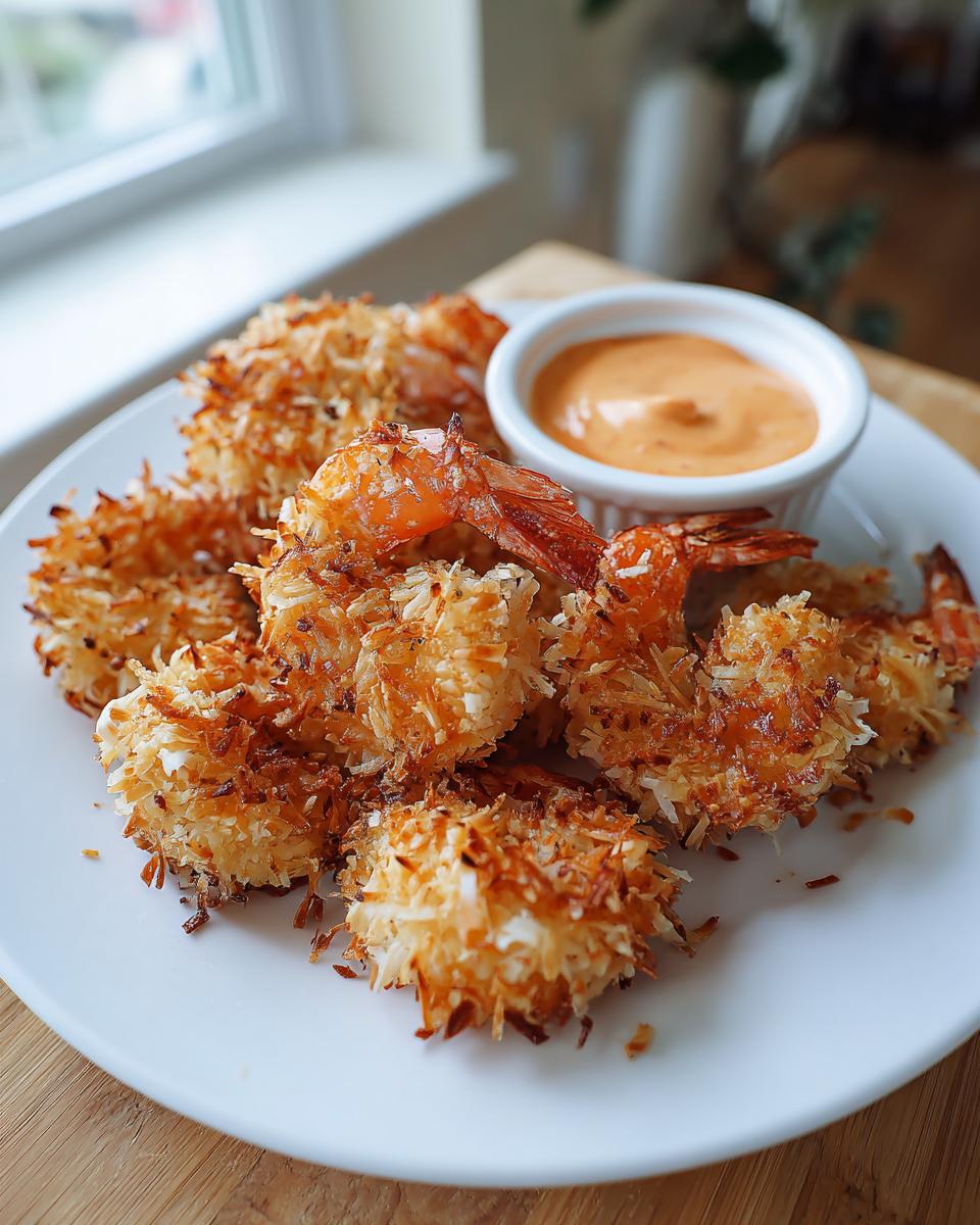 A plate of perfectly cooked coconut shrimp recipe pieces served with a small bowl of creamy orange dipping sauce.