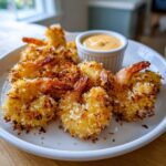 A plate of perfectly golden and crispy coconut shrimp recipe pieces served with a side of dipping sauce.