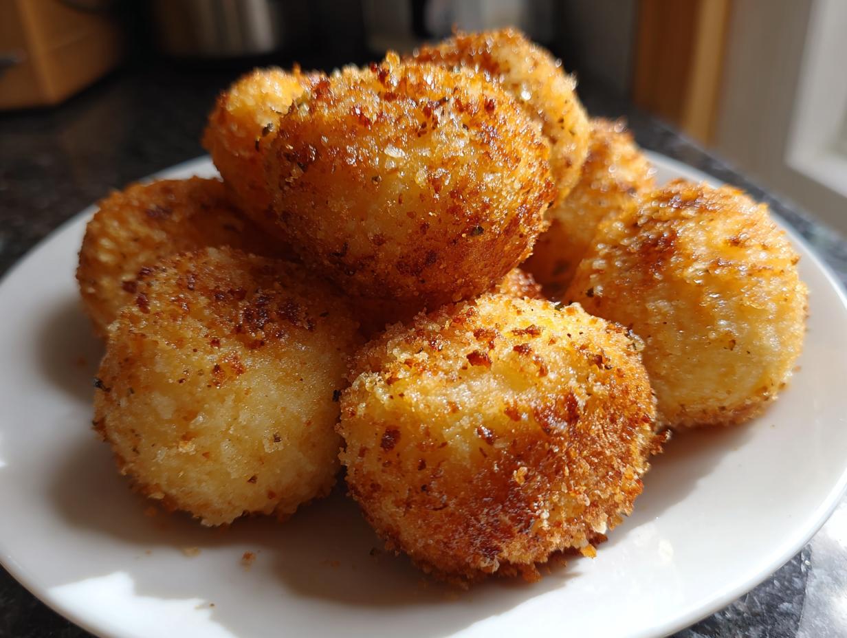 A pile of golden brown, pan-fried potato dumplings coated in crispy breadcrumbs on a white plate.