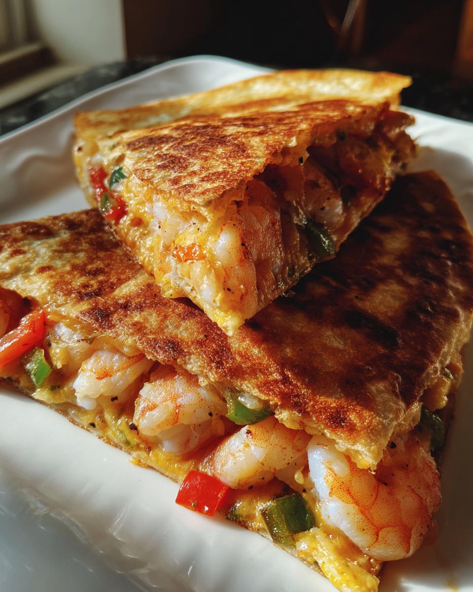 Two stacked, golden-brown wedges of a delicious shrimp quesadilla, showing plump shrimp and colorful peppers inside.