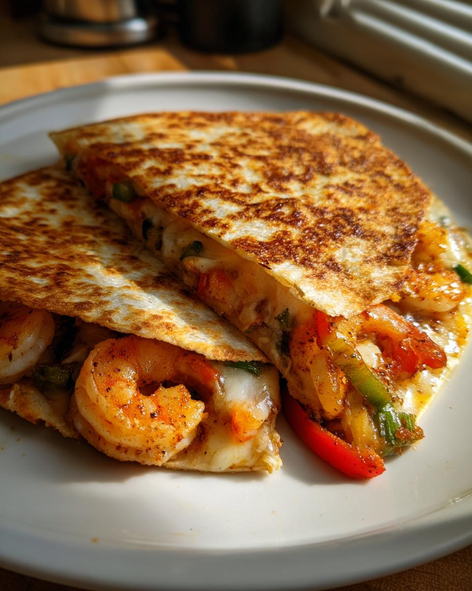 Two halves of a perfectly grilled shrimp quesadilla oozing melted cheese, filled with seasoned shrimp and peppers.