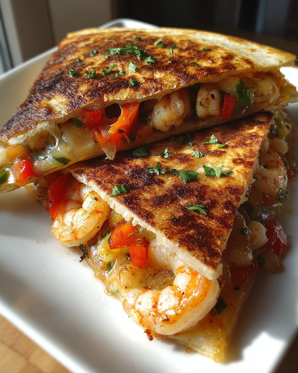 Two stacked, golden-brown halves of a shrimp quesadilla overflowing with melted cheese, seasoned shrimp, and diced red peppers.