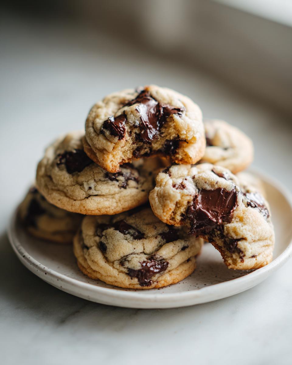 A stack of freshly baked, gooey chocolate chip cookies with melted centers on a small speckled plate.