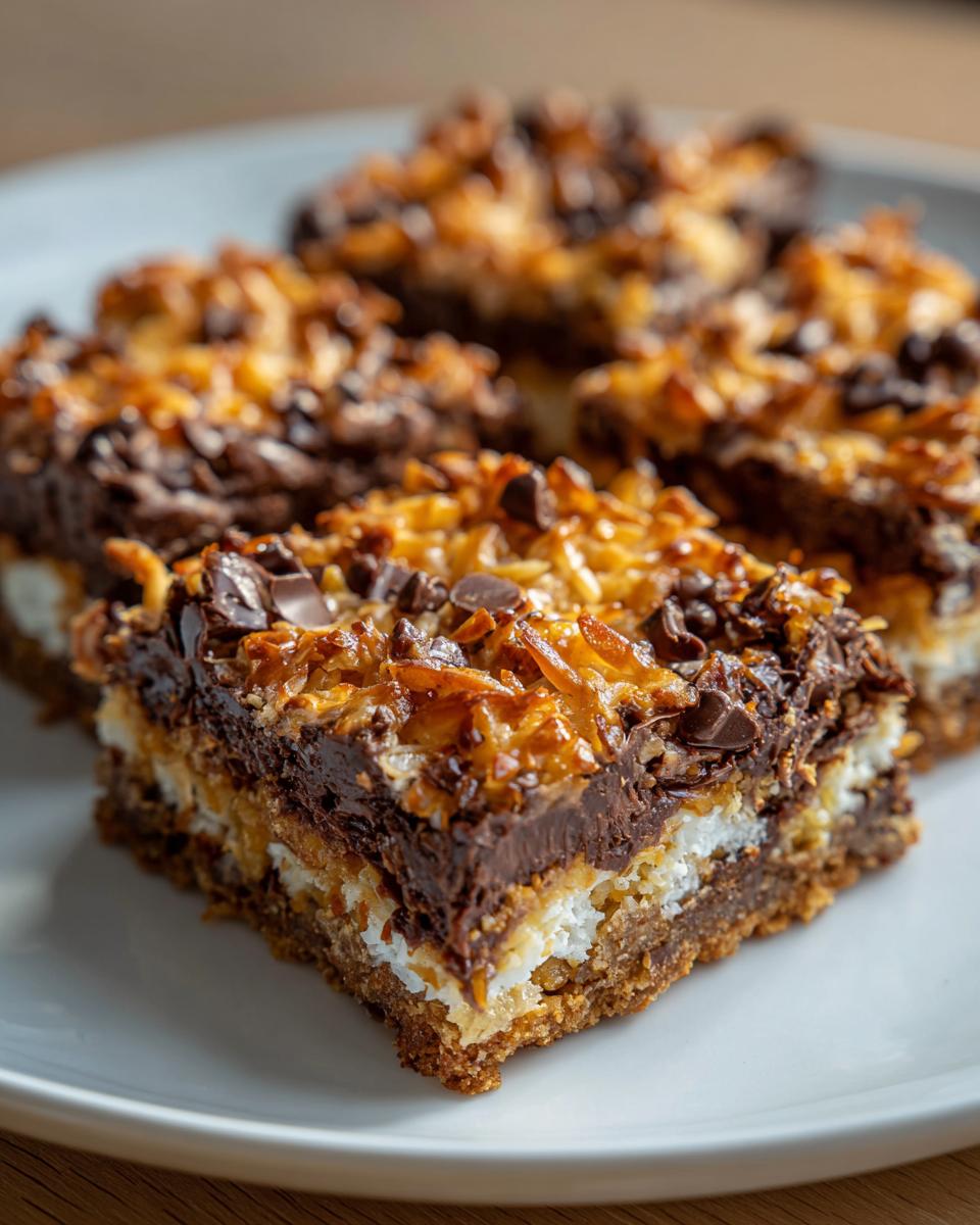 Close-up of a delicious square of magic cookie bars showing layers of crust, coconut, chocolate, and toasted topping.