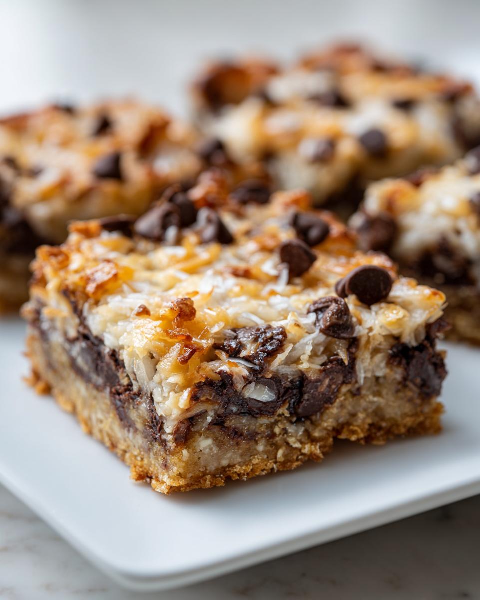 Close-up of a gooey magic cookie bars slice showing the graham cracker crust, chocolate chips, and toasted coconut topping.