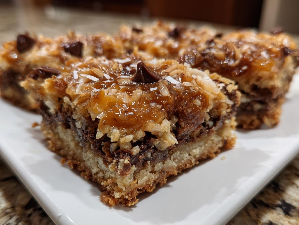 Close-up of a gooey slice of magic cookie bars showing the crust, chocolate, and coconut topping.