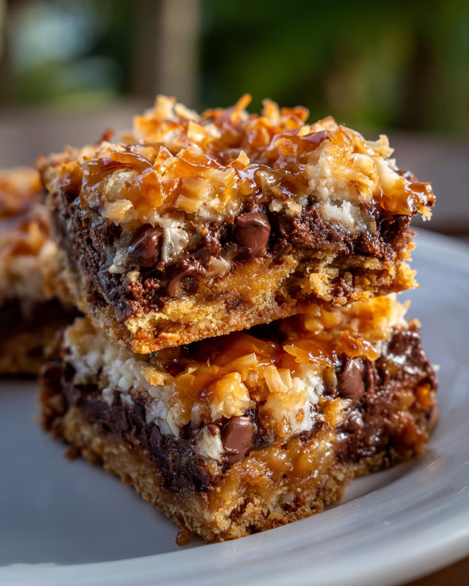 Two stacked squares of rich magic cookie bars showing gooey chocolate chips, coconut, and a graham cracker crust.