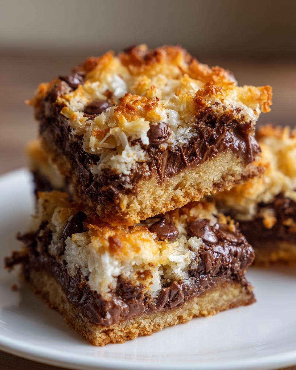 A stack of two rich, gooey magic cookie bars showing the crust, chocolate, and toasted coconut topping.