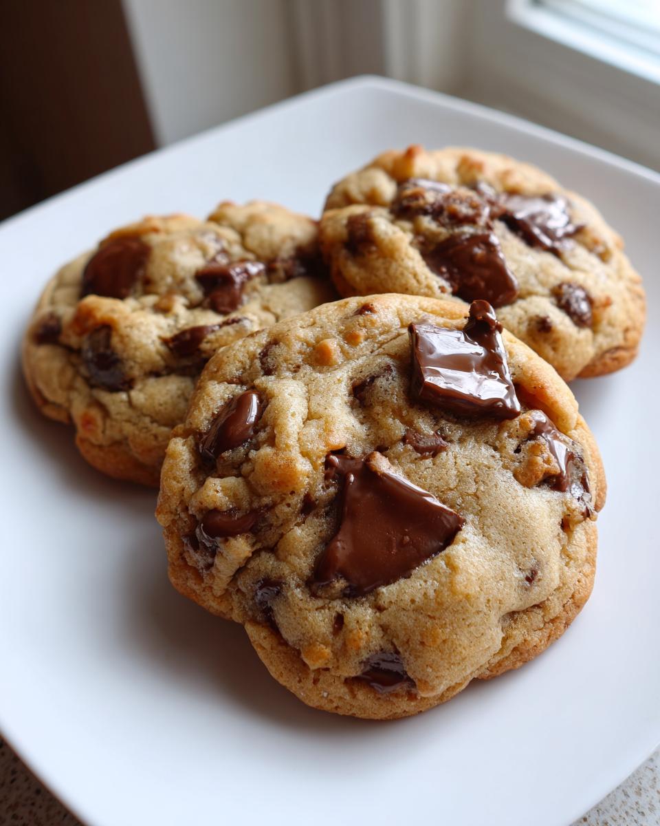 Close-up of three freshly baked vegan chocolate chip cookies with melted chocolate chunks on a white plate.