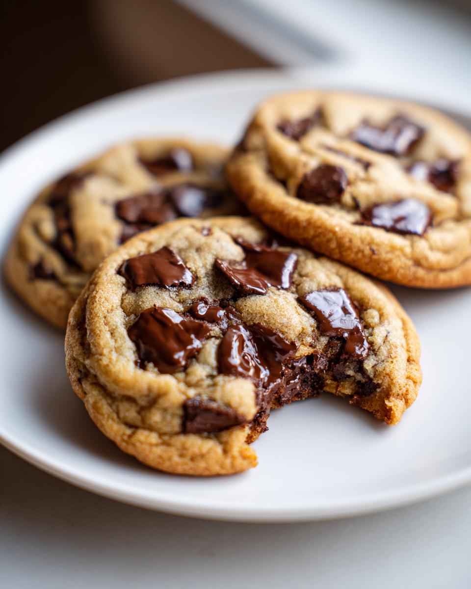 Three soft vegan chocolate chip cookies on a white plate, one with a bite taken out showing melted chocolate.