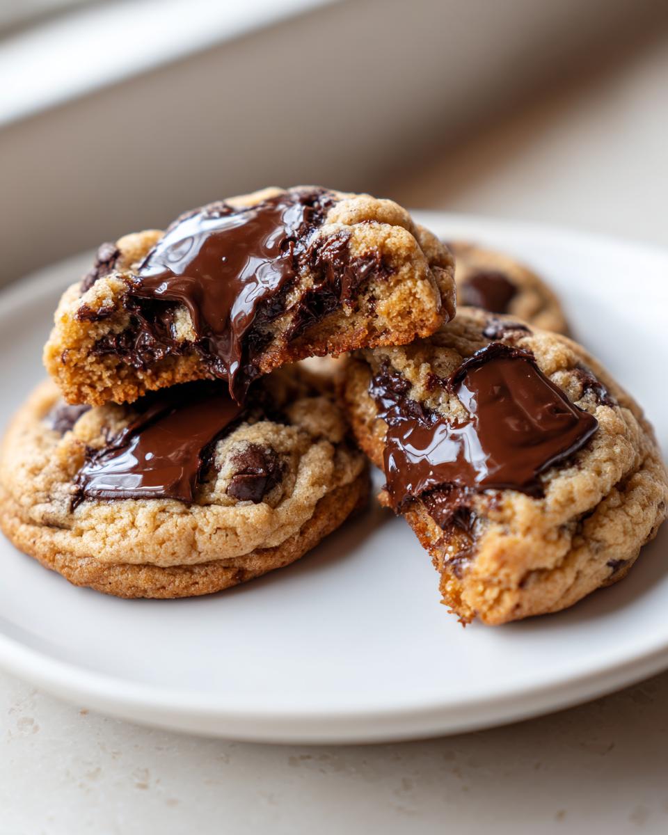 Close-up of freshly baked vegan chocolate chip cookies with melted chocolate oozing out after one is broken in half.