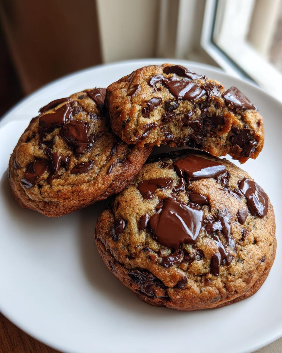 Three thick, chewy vegan chocolate chip cookies piled on a white plate, one broken open showing melted chocolate chips.