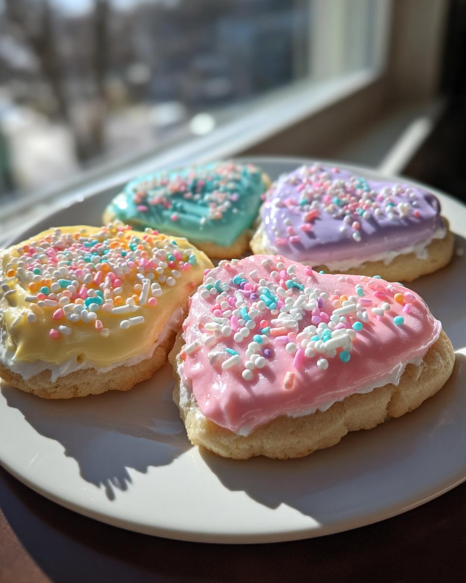 Four heart-shaped sugar cookies topped with thick, colorful sugar cookie icing and sprinkles.