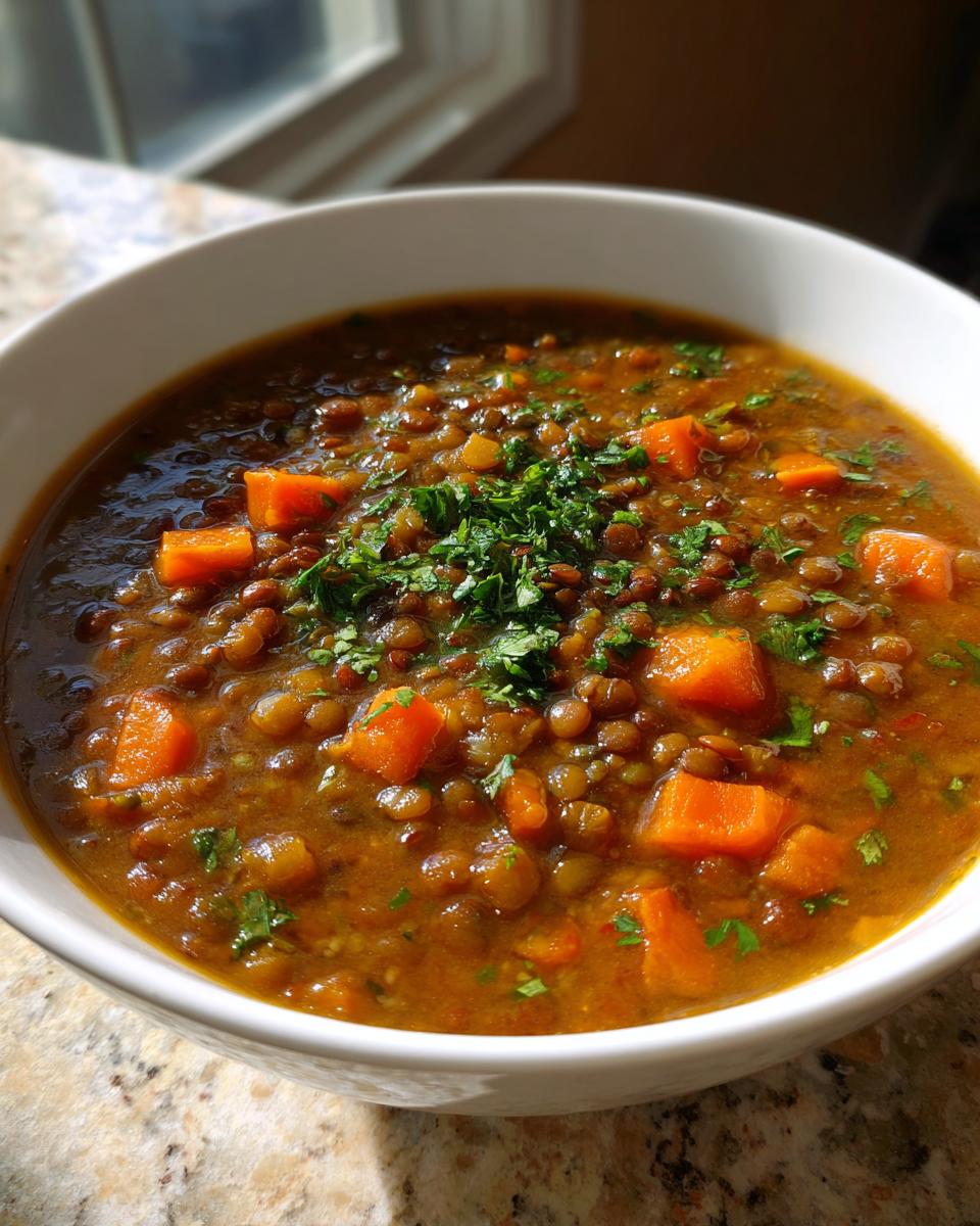 Close-up of a hearty lentil soup in a white bowl, featuring brown lentils, diced carrots, and fresh parsley garnish.