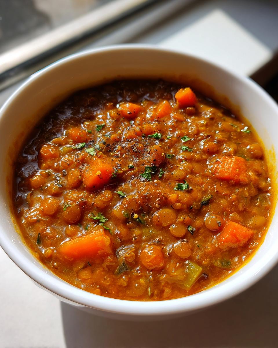 Close-up of a hearty bowl of thick, orange-brown lentil soup featuring visible lentils and chunks of carrot, topped with pepper.