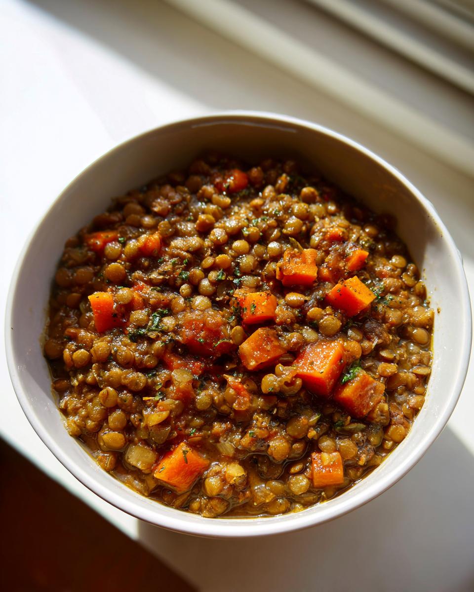 A close-up overhead shot of a hearty bowl of lentil soup featuring brown lentils and large chunks of cooked carrots.