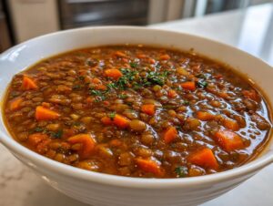 Close-up of a hearty lentil soup filled with brown lentils and chunks of bright orange carrots, garnished with parsley.