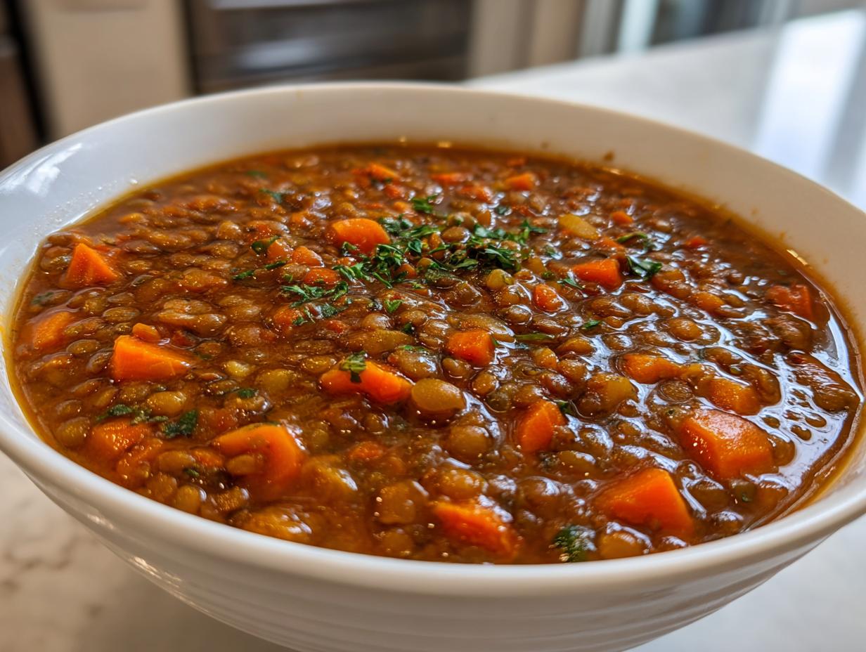 Close-up of a hearty lentil soup filled with brown lentils and chunks of bright orange carrots, garnished with parsley.