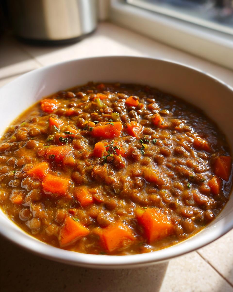 Close-up of a hearty bowl of lentil soup, featuring brown lentils and large chunks of bright orange carrots, garnished with thyme.