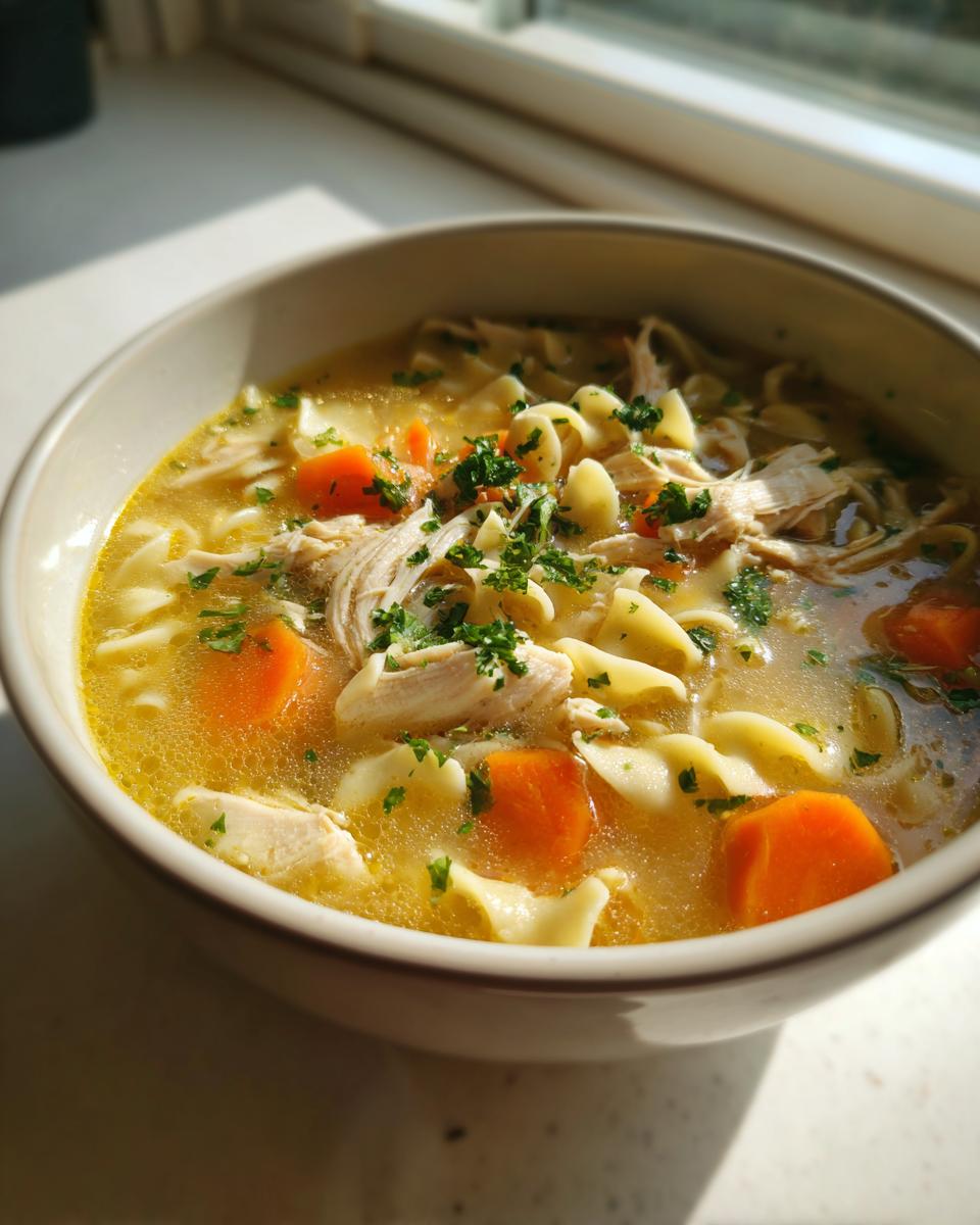 Close-up of a warm bowl of turkey noodle soup featuring shredded turkey, egg noodles, bright orange carrots, and parsley garnish.