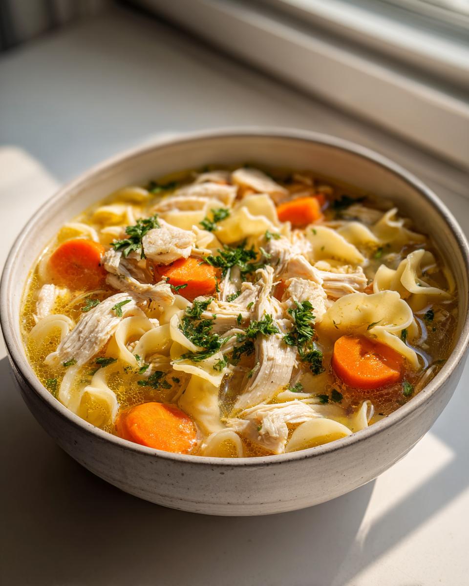 Close-up of a hearty bowl of turkey noodle soup, featuring shredded turkey, egg noodles, bright carrots, and parsley.