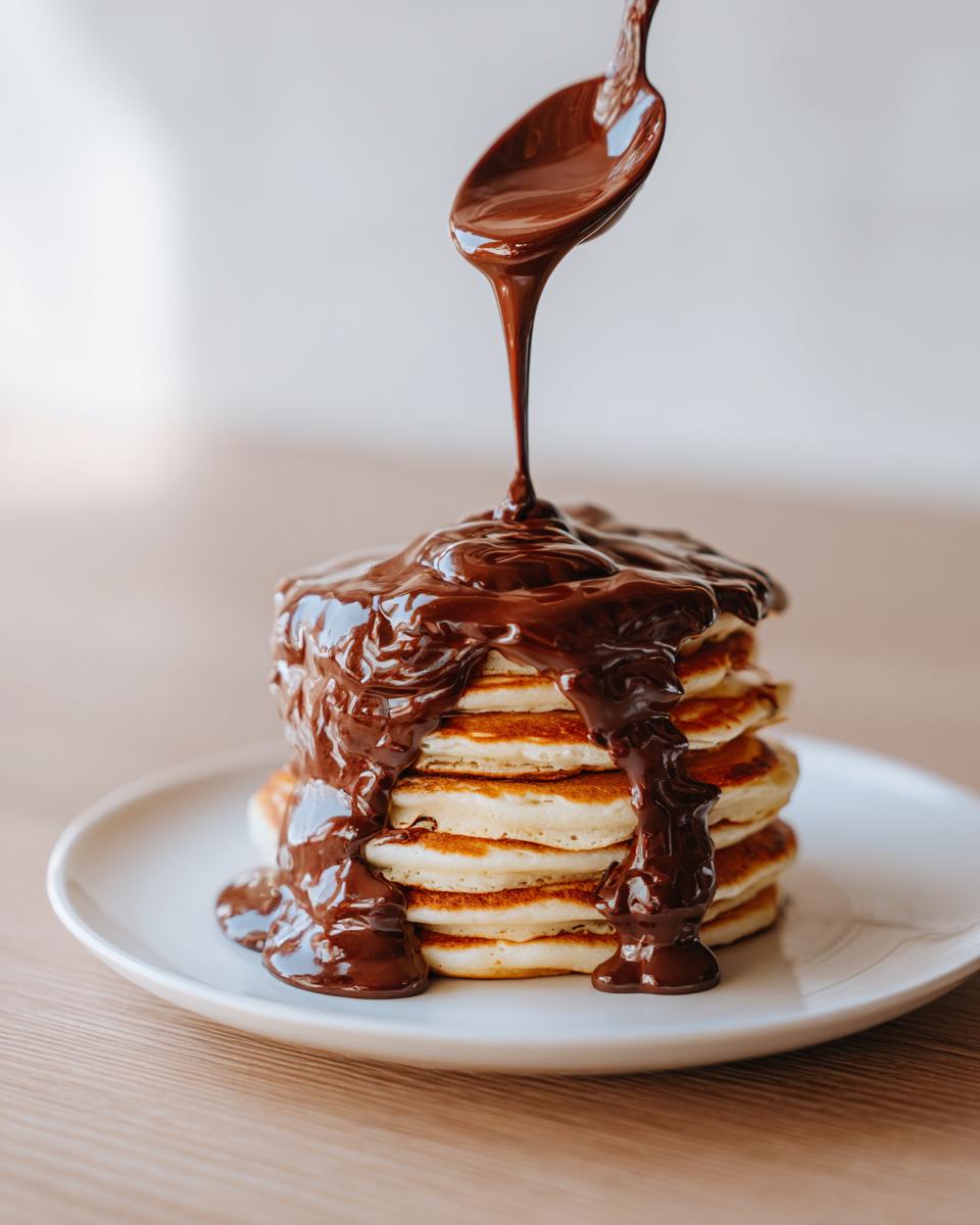 A stack of fluffy pancakes being drenched in thick, homemade chocolate syrup being poured from a spoon.
