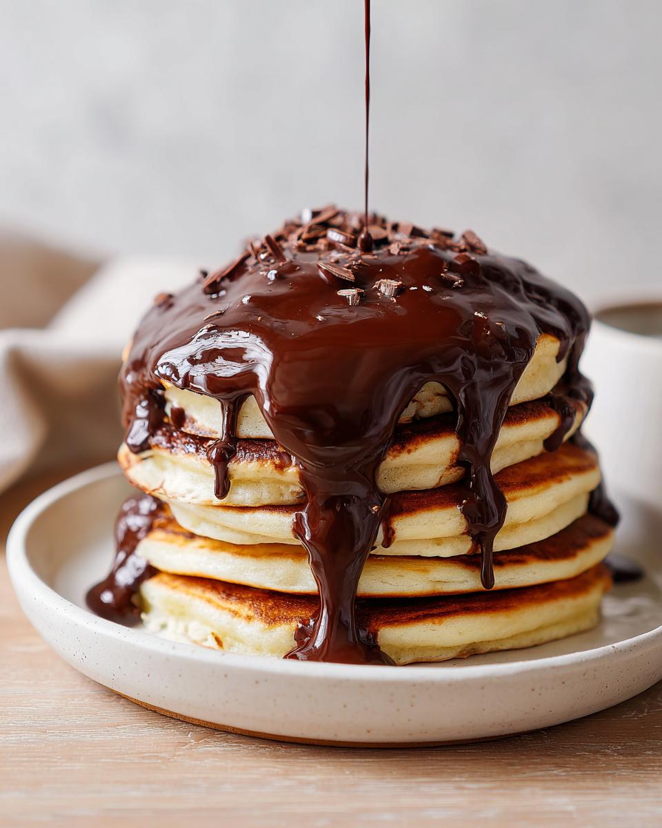 A tall stack of pancakes being generously topped with homemade chocolate syrup and chocolate shavings.