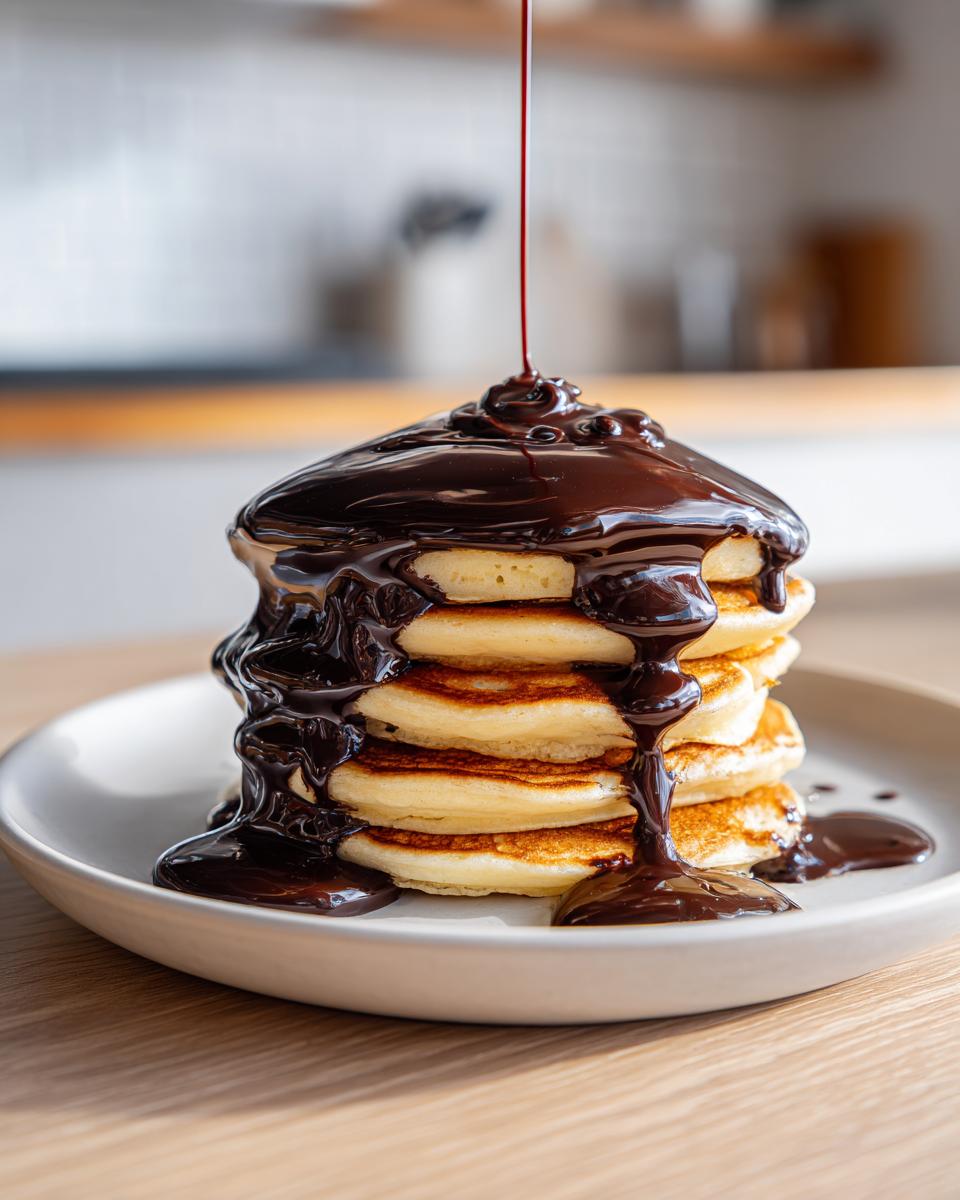 A stack of fluffy pancakes being generously covered with homemade chocolate syrup being poured from above.