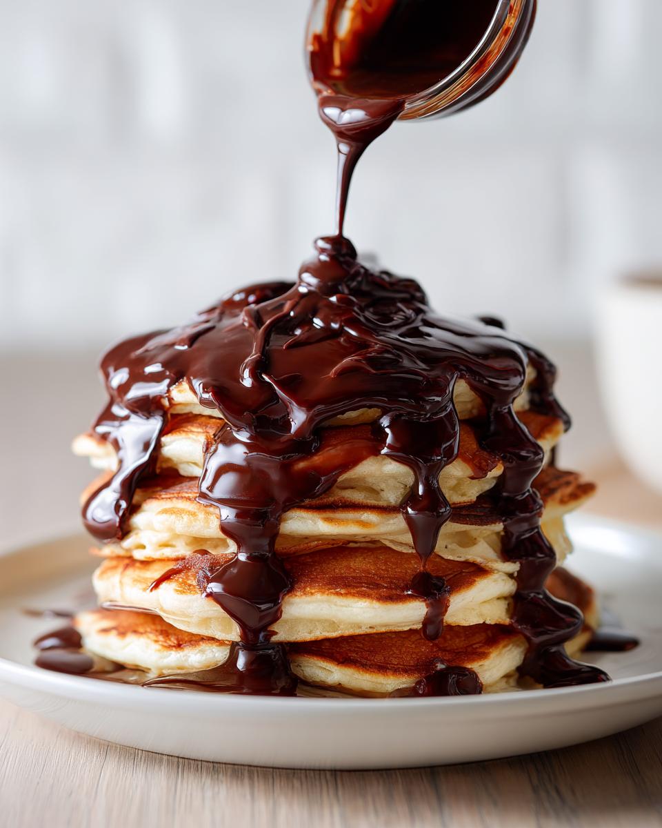 A stack of fluffy pancakes being generously drizzled with homemade chocolate syrup from a glass jar.