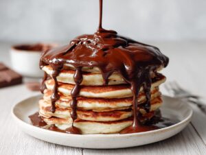 A stack of fluffy pancakes drenched in homemade chocolate syrup being poured from above.