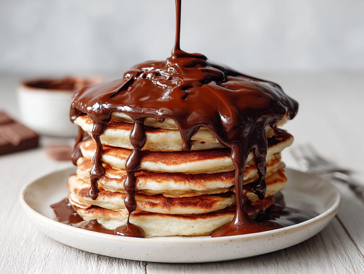 A stack of fluffy pancakes drenched in homemade chocolate syrup being poured from above.