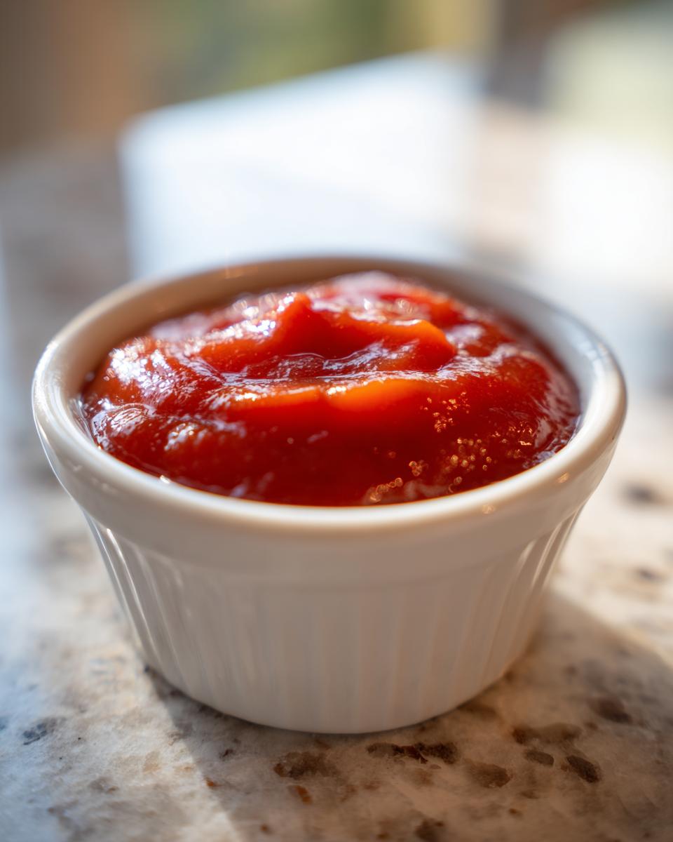 Close-up of bright red homemade cocktail sauce served in a small white ramekin on a speckled countertop.